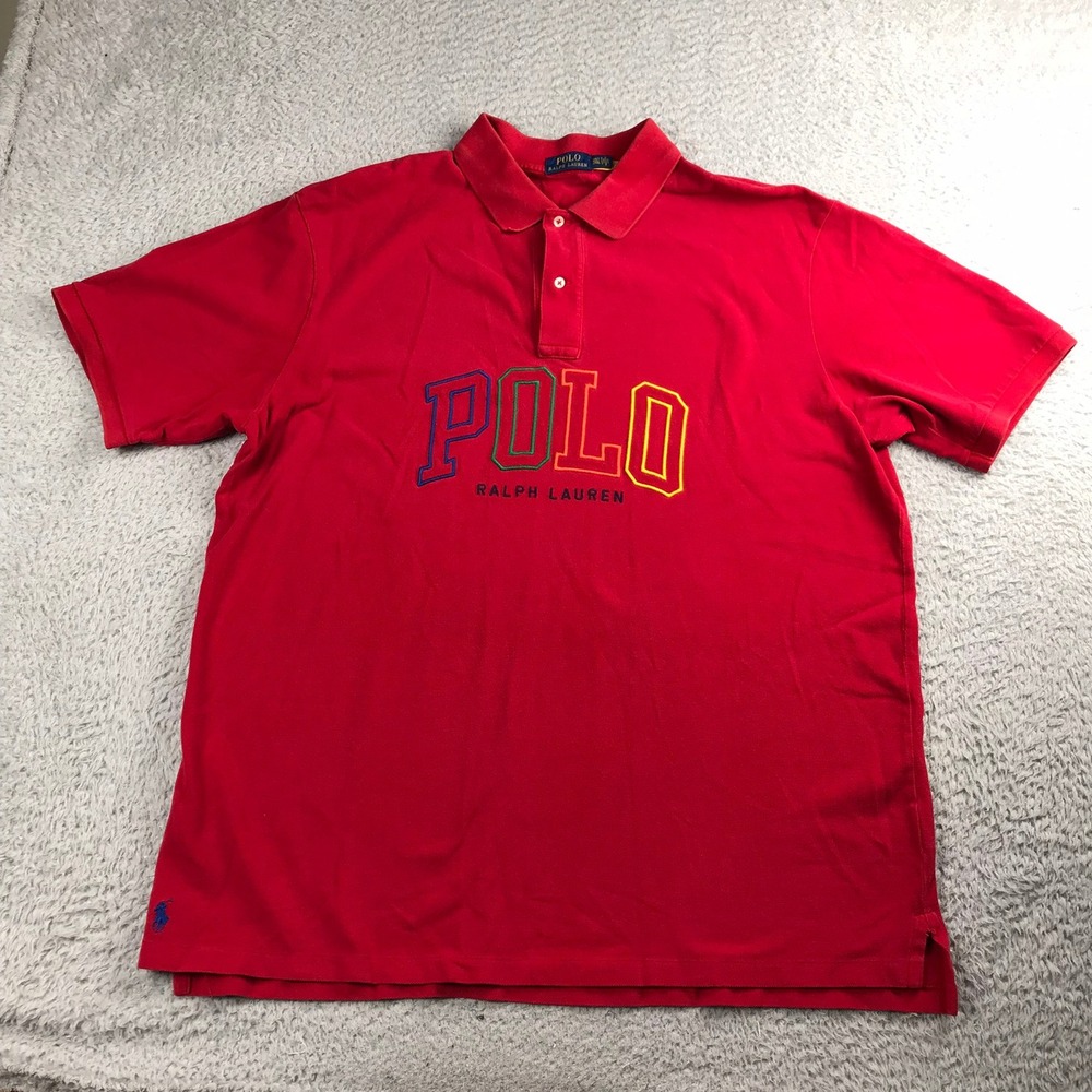 Polo Ralph Lauren Shirt Mens 2XLT Tall Red Colorful Spellout Logo Cotton Pique